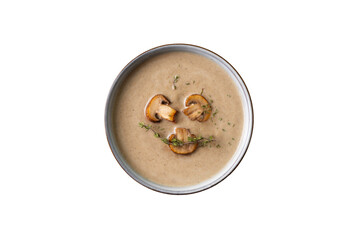 Mushroom soup close up with ingredient on transparent background, top view, copy space