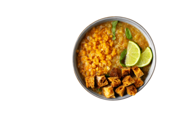 Lentil soup with ingredient on transparent background, top view, copy space
