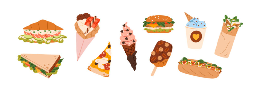Street fast food set. Sweet desserts, snacks, takeaway eating. Burger, pizza, sandwich, bubble waffle, icecream cone, croissant with fillings. Flat vector illustrations isolated on white background