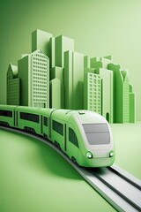 Modern sustainable train on track, urban background. Generative AI