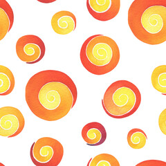 Seamless pattern with yellow and red dot ornament in decorative style. Vintage fashion fabric design. Hand drawn watercolor painting illustration isolated on white background