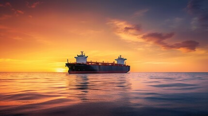 Obraz premium Low angle view on huge fuel tanker ship in the sea on sunset. Generative AI