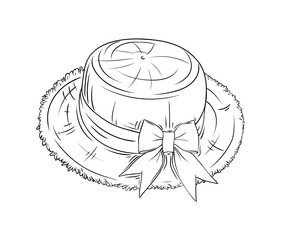 black and white coloring book with a straw hat with a bow. vector illustration of painted black contour hat for sun protection, headdress