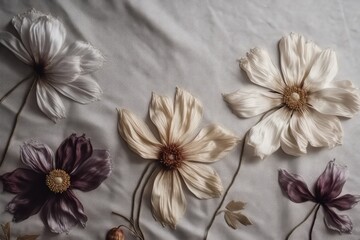 beautiful flowers pressed on linen, creative abstract background with high quality detail, elegant and clean design with photorealistic style - Generative AI