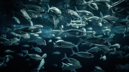 School of small silver fish underwater. Marine life. Generative AI