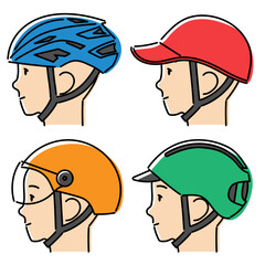 様々な自転車用ヘルメットをかぶった人の横顔のシンプルイラストセット