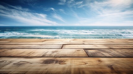 Wood table mockup with ocean waves on background. Empty copy space for product presentation. Generative AI