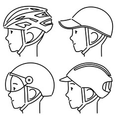 様々な自転車用ヘルメットをかぶった人の横顔のシンプルイラストセット（線画）
