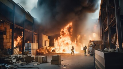 Fire in a large warehouse - obrazy, fototapety, plakaty
