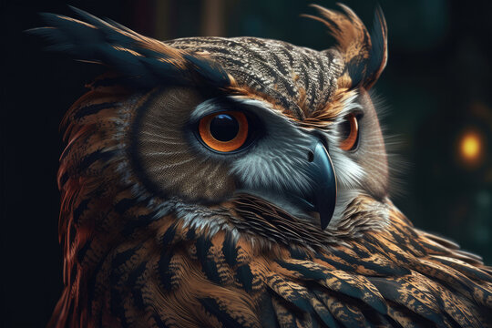 This highly detailed digital painting of an eagle owl with a metal beak, created by Mike Winkelmann - Generative Ai