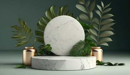 Beautiful 3d Empty podium mockup with monstera leaves for cosmetics