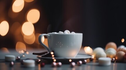 Fototapeta na wymiar Christmas coffee with decoration balls and lights