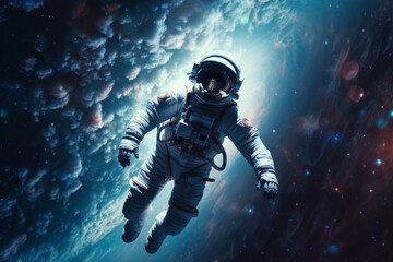 Fototapeta na wymiar Astronaut or cosmonaut floating in space with incredibile nebula or starry galaxy. Space man astronomy and exploration. Ai generated