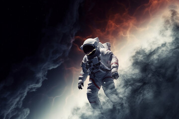 Fototapeta na wymiar Astronaut or cosmonaut floating in space with incredibile nebula or starry galaxy. Space man astronomy and exploration. Ai generated