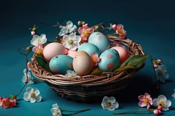 Fototapeta na wymiar Creative basket in shape of egg easter composition