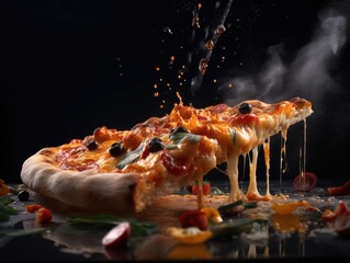 Delicious pizza, piece of pizza on a black background