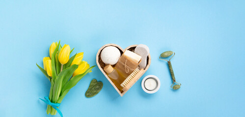 Mothers Day Gift Box with Natural Eco Friendly Home Spa Products on Blue Background