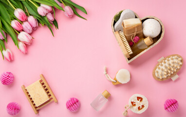 Natural Eco Friendly Home Spa Products on Pink Background.