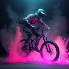 Naklejka premium Cyclist in smoke with neon
