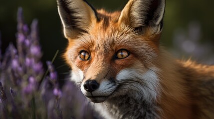 Fototapeta premium Portrait of a fox with lavender