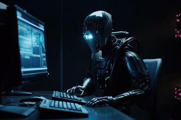 Robot is sitting in front of a big modern computer
