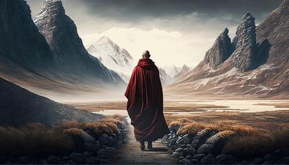 Tibetan monk in red robe walking on path among mountains rear view, beautiful nature landscape of divine sacred concept, monk pilgrim traveling alone outdoor at breathtaking nature view, generative AI