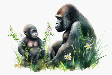 Watercolor cute gorilla mother and baby in gras. Generative ai.