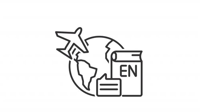 Language learning abroad animation. Plane flying around world. Travel to study languages. Seamless loop HD video with alpha channel on transparent background. Outline motion graphic animation