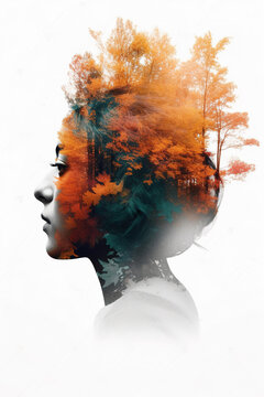 Doble exposición generada con IA de una cabeza femenina con un fondo colorido de naturaleza, árboles, bosque y montañas con un fondo blanco.