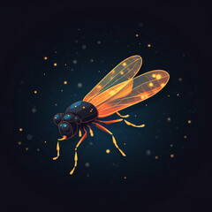 Naklejka premium A firefly glowing in the dark, with its small body emitting a warm, yellow light. Stars twinkle in the background, adding to the magical and enchanting scene. Generative AI.