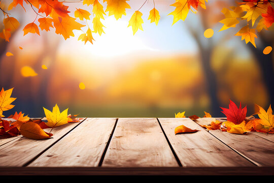 Blank wooden table for product placement with leaves and blurred autumn background. Generative ai.