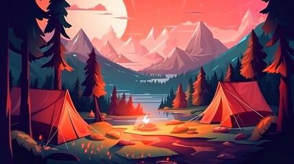 A campsite with a tent and a campfire in the forest. Summer landscape in nature. Generative AI