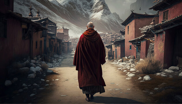 Tibetan monk in red robe walking on path among mountain village rear view, beautiful nature landscape of divine sacred concept, monk pilgrim traveling alone at breathtaking nature view, generative AI