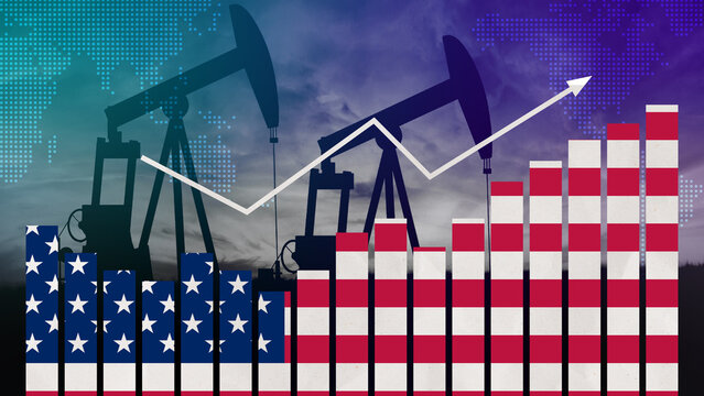 United States oil industry concept. Economic crisis, increased prices, fuel default. Oil wells, stock market, exchange economy and trade, oil production