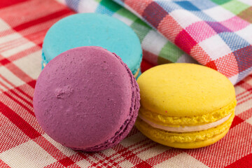 Colorful macaroon on tablecloth