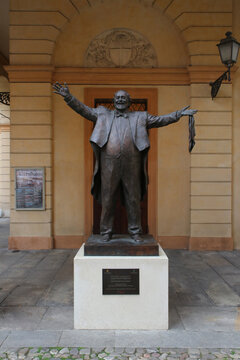 Modena, Italy, april 2023, bronze statue of Luciano Pavarotti tenor singer, touristic place, editorial