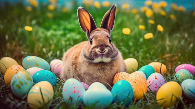 A realistic photograph of a Happy Easter Bunny sitting in a field of green grass, surrounded by colorful Easter eggs. Generative AI