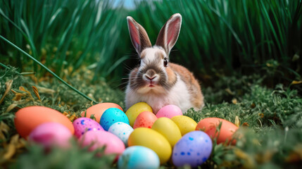 Fototapeta na wymiar A realistic photograph of a Happy Easter Bunny sitting in a field of green grass, surrounded by colorful Easter eggs. Generative AI