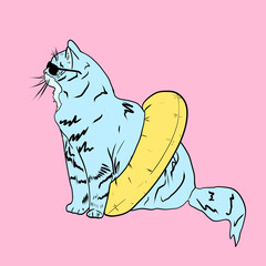 Funny blue cat with sunglasses and yellow rubber inflatable round ring on blue background and ready for swim. Illustration.