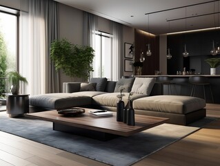 Interior design of modern apartment, living room with sofa and coffee tables and kitchen 3d rendering, kayuso sejima style. Created using generative AI.
