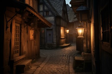 Fototapeta na wymiar medieval houses dark streets and kerosene lamp Generative AI