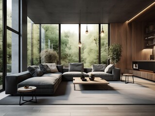 Interior design of modern apartment, living room with sofa and coffee tables 3d rendering, kayuso sejima style. Created  using generative AI.