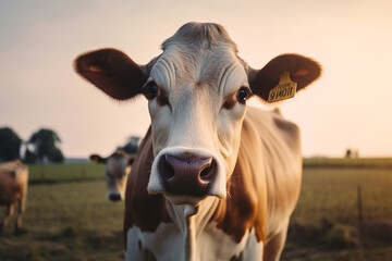 Happy cows grazing on meadow in farm. Close up view. generative AI