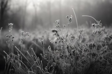  a black and white photo of a field with grass and flowers in the foreground and fog in the background, with trees in the background.  generative ai