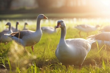 Obraz premium Free range happy ducks roaming free on meadow at farm. Generative AI