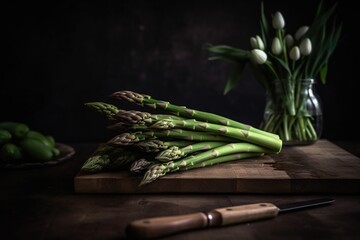  a bunch of green asparagus on a cutting board with a knife and a vase of tulips in front of it on a dark background.  generative ai