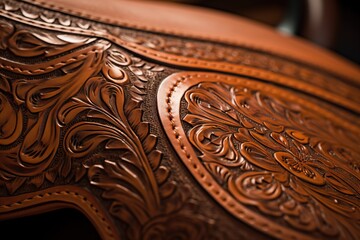  a close up of a wooden bench with intricate carvings on it's back side and sides of the bench is brown and has a black background.  generative ai