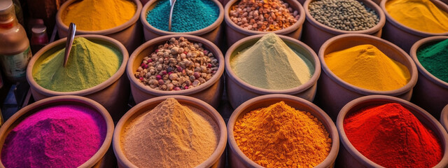 spices background, seasoning in bowls, colorful seasonings. Generative AI