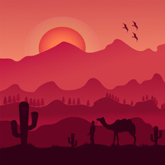 illustration of middle east desert landscape design with panorama of purple sky cactus trees and a camel and shepherd
