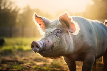 Happy pigs roaming free and farm meadow and mud. Farm animal welfare and care. Generative Ai